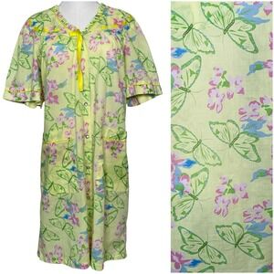 Vintage Carol Collection House Coat Robe L Butterflies‎ Floral Snap Front Yellow
